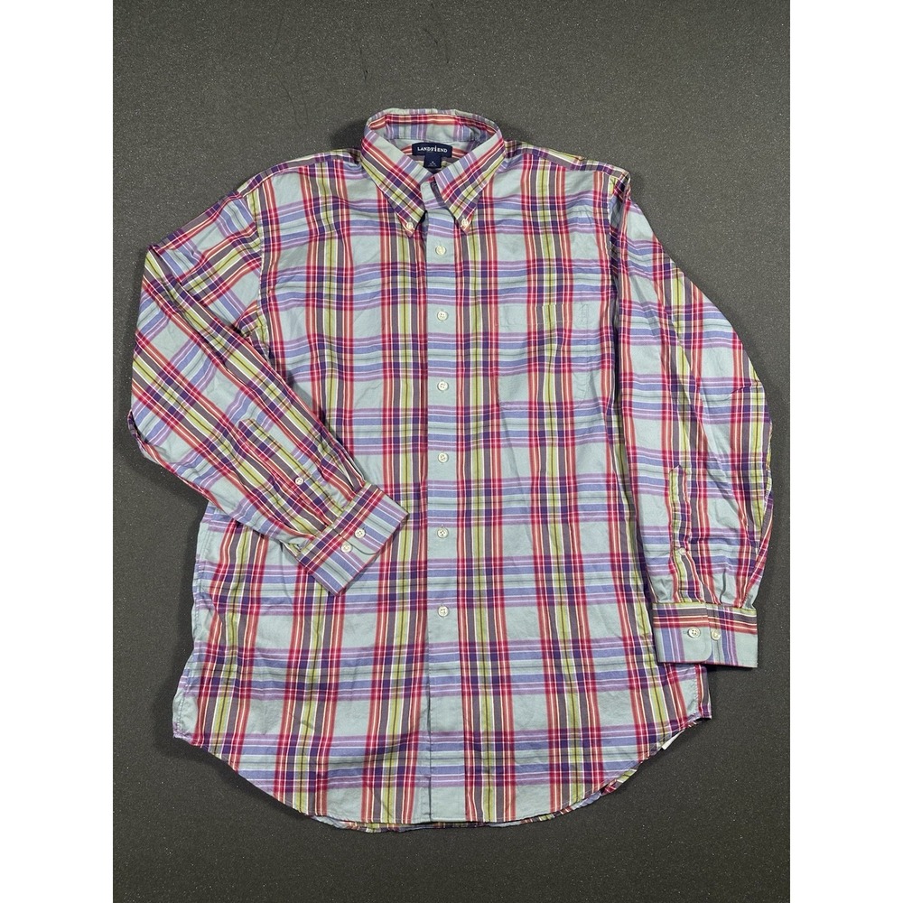 Men's Lands End Plaid Button Down Shirt Size 16 32/33